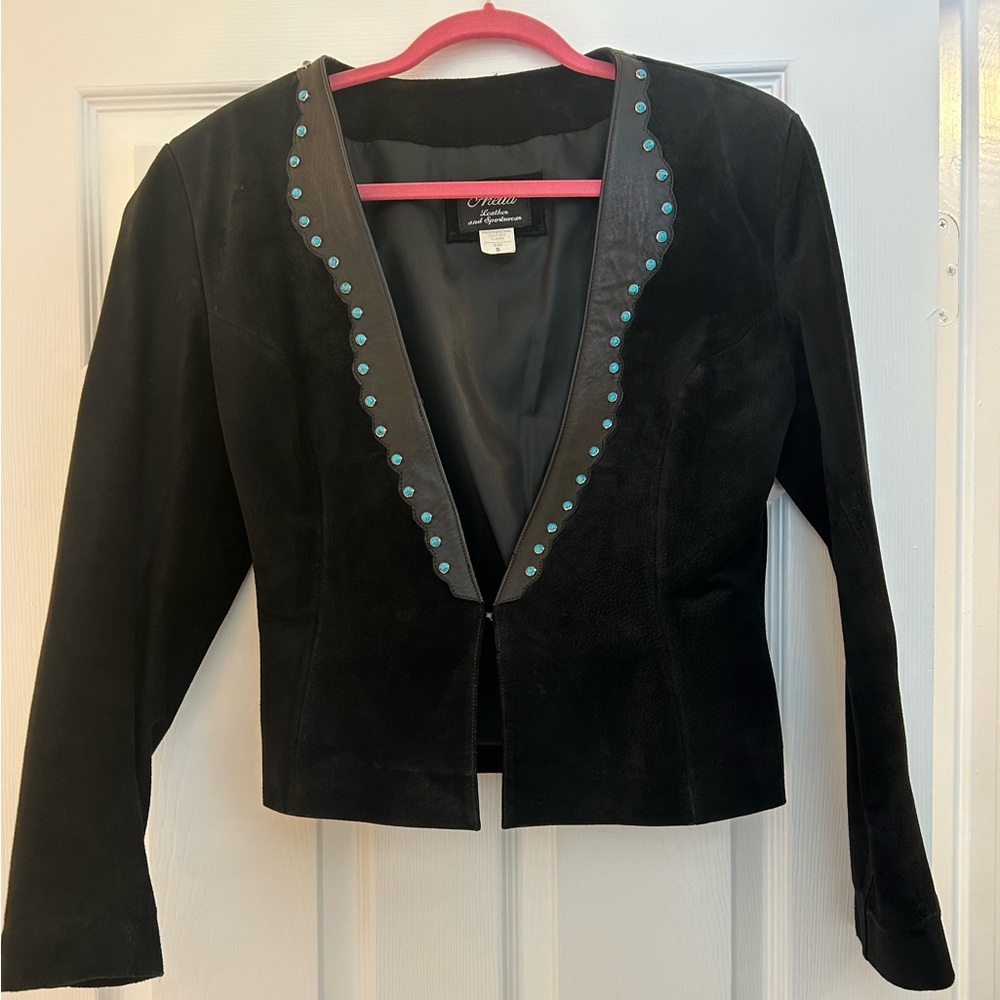Vintage genuine leather blazer with studded turquoise embellishments